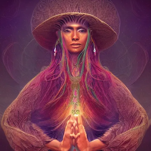 Prompt: fantasy art, highly detailed, beautiful, surreal, ayahuasca shaman, smooth, trending on artstation, beautiful, serene, meditating, digital art, prismatic, light diffusion, digital art, smooth render, octane render, dmt, by moebius