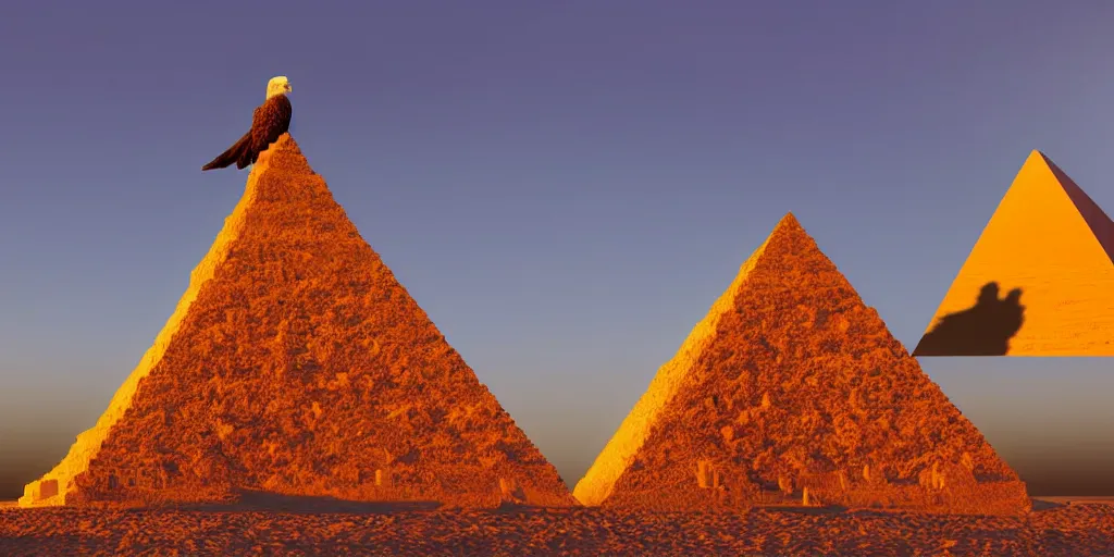 Image similar to A giant sand sculpture of an eagle head standing in the middle of a desert, next to a pyramid. Hyperrealistic photograph, golden hour