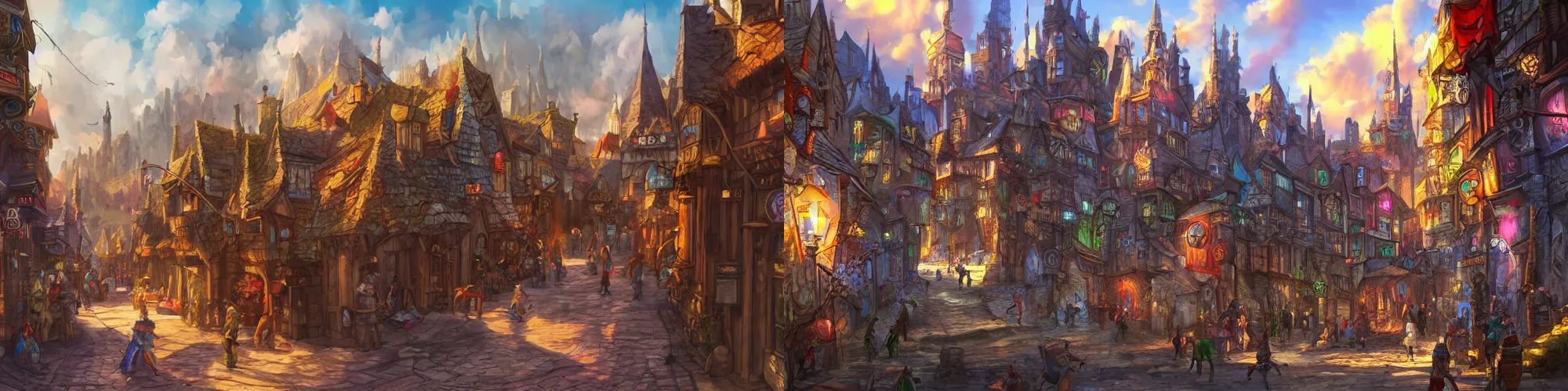 Prompt: street view of a medieval fantasy city, colorful, vibrant, high quality, digital art, videogame background, trending on artstation,