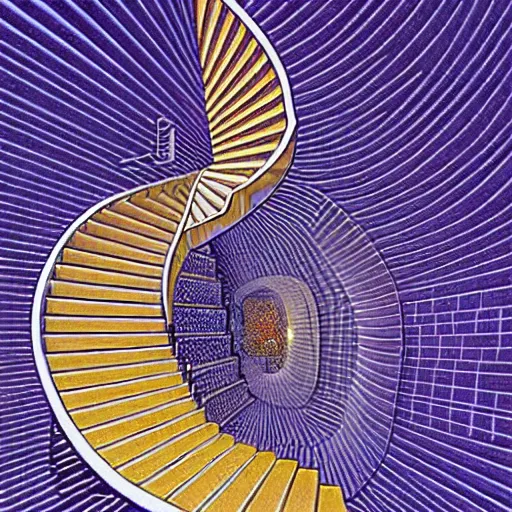 Image similar to crystal spiral stairways in the spaceship, many doors, inhabited on many levels, by Maurits Cornelis Escher, by jean giraud, shining light, clear geometry, architecture, Award winning. Masterpiece, detailed illustration