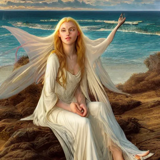 Image similar to painting of galadriel relaxing on the beach, lord of the rings, ultra realistic, concept art, intricate details, eerie, highly detailed, photorealistic, octane render, 8 k, unreal engine. art by artgerm and greg rutkowski and alphonse mucha