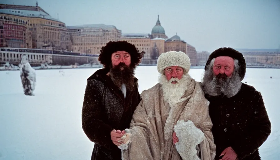 Prompt: 1 9 7 0 s movie still close - up portrait of marcus aurelius, skinny and ill under the snow on the on the frozen danube with drapery and snow, cinestill 8 0 0 t 3 5 mm, high quality, heavy grain, high detail, cinematic composition, dramatic light, anamorphic, hyperrealistic