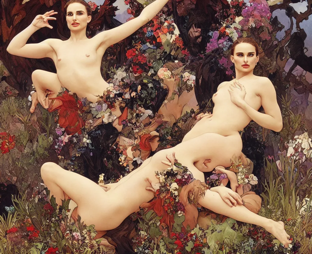 Image similar to natalie portman sits atop a pile of dead bodies by norman lindsay and alphonse mucha and artgerm.