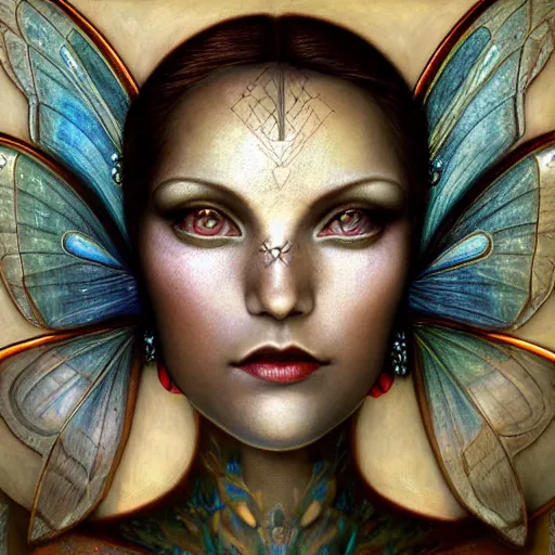 Prompt: beautiful closeup portrait of an art deco faerie queen, glowing eyes. reflective detailed textures, moth wings, highly detailed dark fantasy science fiction painting by tom bagshaw and michael whelan and diego rivera and annie swynnerton and jean delville and moebius and evelyn de morgan, elaborate geometric ornament, ancient runes, silver and cool colors. artstation