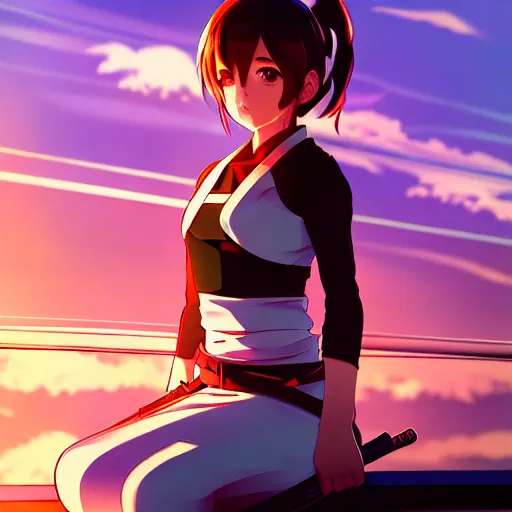 Prompt: digital anime art in the style of netflix arcane, cute female ninja sitting on an old japanese roof at golden hour, wlop, ilya kuvshinov, backlit