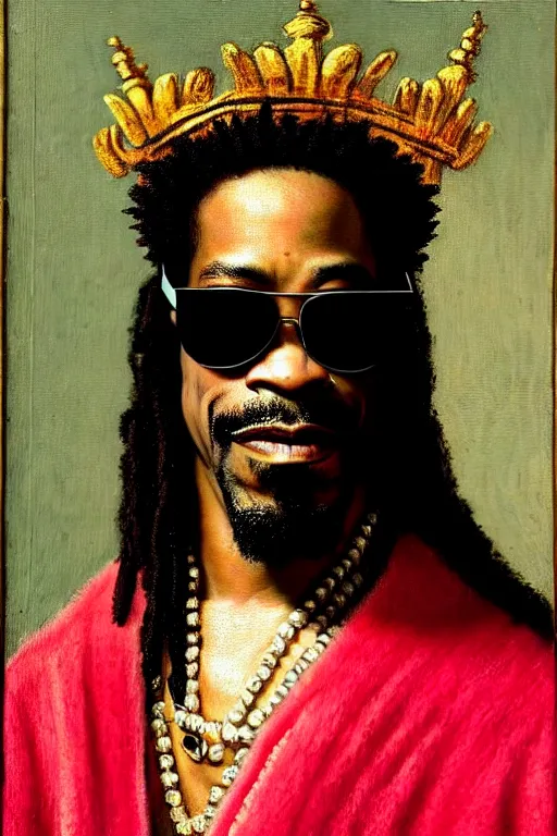 Prompt: high quality celebrity portrait of rap star andre 3 0 0 0 odb wearing sunglasses a crown and robe, painted by the old dutch masters, rembrandt, hieronymous bosch, frans hals, symmetrical detail