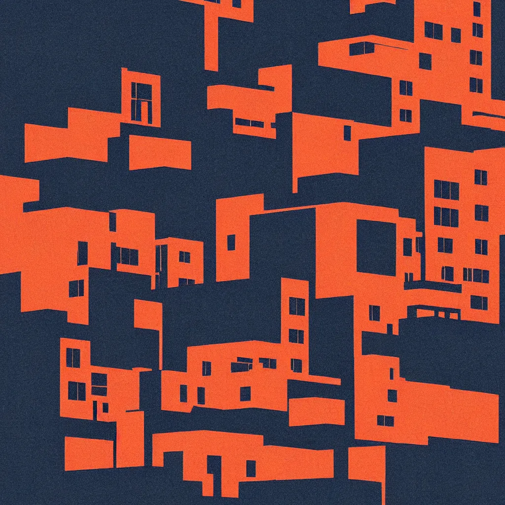 Prompt: old kyoto, mads berg, karolis strautniekas, film noir, stippled light, dramatic lighting, editorial illustration, detailed, fine texture, matte print, art deco, brutalism, dark blue + dark orange, red, black, ( ( habitat 6 7 background ) )