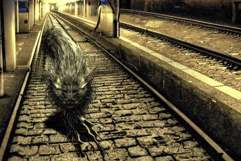 Image similar to very large giant mutant zombie irradiated an ifected with cancer and worms angry rat staying on railways in tonnel of moscow subway. extreme high detail, very realistic. low dark light, scary mood.