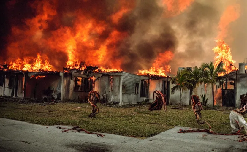 Prompt: a photo of a zombie apocalypse in miami, fire, tendrils, overgrown