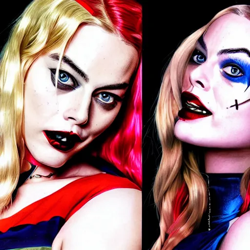 Image similar to a portrait of margot robbie as harley quinn doing a kissing face, highly detailed