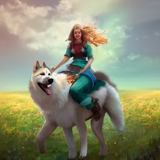 Image similar to girl riding a giant husky in a field of flowers, trending on artstation