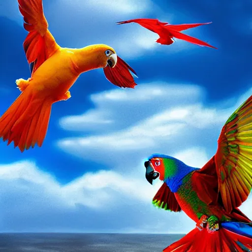 Prompt: a shrimp flying over a parrot swimming the sky in the background has clouds, realistic reflections, realistic lighting