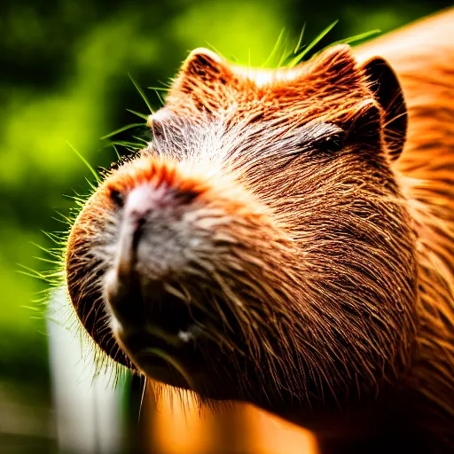 Image similar to cute capybara eating a neon nvidia gpu, chewing on a video card, cooling fans, cyberpunk, wildlife photography, bokeh, sharp focus, 3 5 mm, taken by sony a 7 r, 4 k, award winning