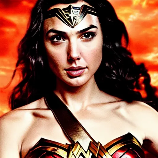 Prompt: a still of gal gadot as wonder woman a beautiful model looking off into the distance, medium shot, with a soft, natural red orange light falling on her face. the focus is on her eyes and brows, which are perfectly shaped and well - defined. by annie leibowitz