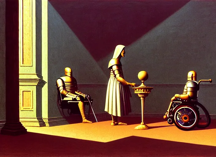 Image similar to knight in rich armor in a wheelchair do tricks & watch old tv, rome, highly detailed, soft lighting, elegant, by edward hopper and james gillard, zdislaw beksinski, stephen outram, andreas m wiese, carl spitzweg, syd mead, highly detailed, masterpiece, unreal 6, 8 k