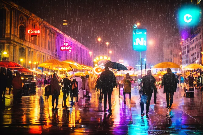 Prompt: canon, 30mm, bokeh, city at night, raining, reflections, people with umbrellas, neon lights