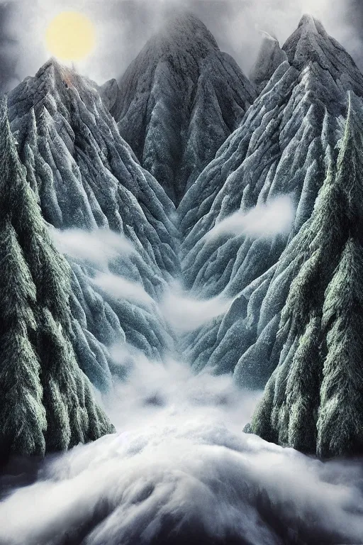 Prompt: digital matte fantasy dreamy mountain scape dark tones snow, photo realism, soft, storm, 8 k by alex grey