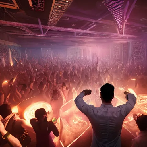 Prompt: an indian businessman dj in nightclub, people dancing in background, anatomy, bathed in light, highly detailed, photorealistic, artstation, smooth, sharp focus, illustration, unreal engine 5, 8 k, art by artgerm and greg rutkowski and edgar maxence
