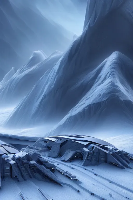 Image similar to zaha hadid buildings in the middle of a planet hoth star wars scene in the mountains, trending on artstation, cinematic matte painting, stormy weather, snow storm in the craggy dolomites, extreme detail photo quality, dark moody colors, featured on behance