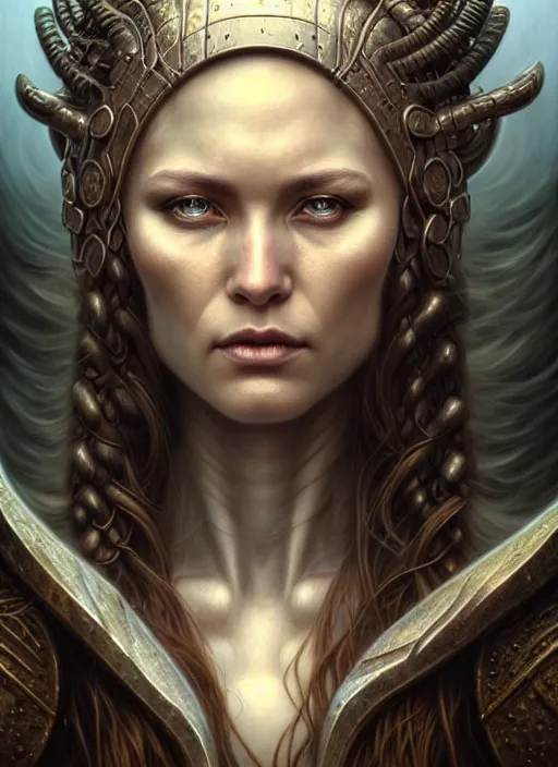 Image similar to closeup portrait shot of a norse goddess in a scenic dystopian environment, intricate, elegant, highly detailed, centered, digital painting, artstation, concept art, smooth, sharp focus, illustration, artgerm, tomasz alen kopera, peter mohrbacher, donato giancola, joseph christian leyendecker, wlop, boris vallejo