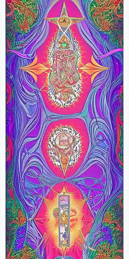 Prompt: a beautiful colorful vaporwave fractal tarot card featuring bold occult imagery with clean lines. haeckel. detailed adult coloring book