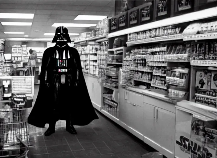 Prompt: film still of Darth Vader working as a clerk in a convenience store in the new Star Wars movie, 4k, black and white