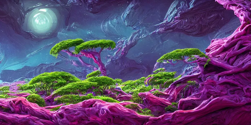 Image similar to a beautiful alien landscape with alien nature, deadly alien plants, colorful, vegetation, trees, blue atmosphere, wide angle, super highly detailed, professional digital painting, artstation, concept art, smooth, sharp focus, no blur, no dof, extreme illustration, Unreal Engine 5, Photorealism, HD quality, 8k resolution, cinema 4d, 3D, beautiful, cinematic, art by artgerm and greg rutkowski and alphonse mucha and loish and WLOP