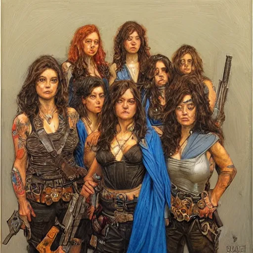 Prompt: portrait of an outlaw female gang, by donato giancola.