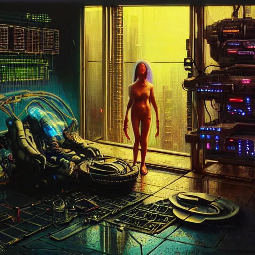 Prompt: cyberpunk charlize theron petting cat, cybertronic gadgets, dirty colours, rotten textures, rusty shapes, biotechnology, bao pnan, tim hildebrandt, wayne barlow, bruce pennington, donato giancola, larry elmore, oil on canvas, denoise, masterpiece, featured on pixiv, cinematic composition, hyper - detailed, hd, hdr