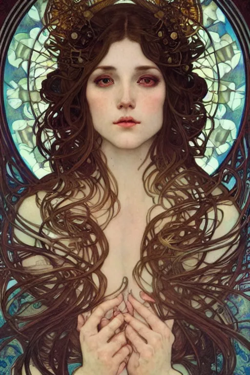 Prompt: realistic detailed face portrait of Urania by Alphonse Mucha, Ayami Kojima, Amano, Charlie Bowater, Karol Bak, Greg Hildebrandt, Jean Delville, and Mark Brooks, Art Nouveau, Neo-Gothic, gothic, rich deep moody colors