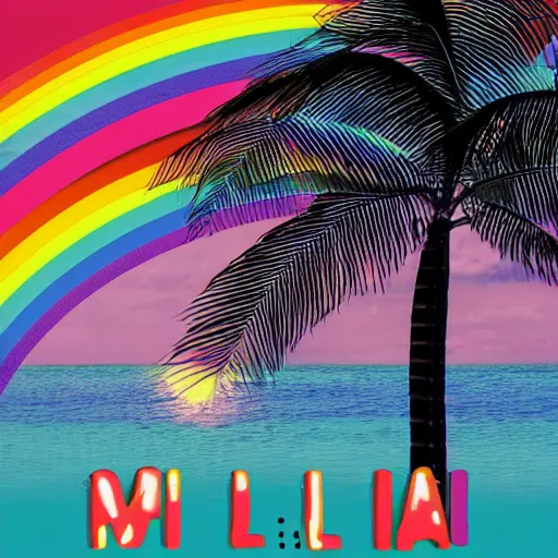 Image similar to miracle musical Hawaii part ii album cover, showing an ocean in the background, spiral transparent stairs on the left with tall palm trees behind it, a slight rainbow in the background, white outline border, moon in the right top area black and white except for the rainbow album cover