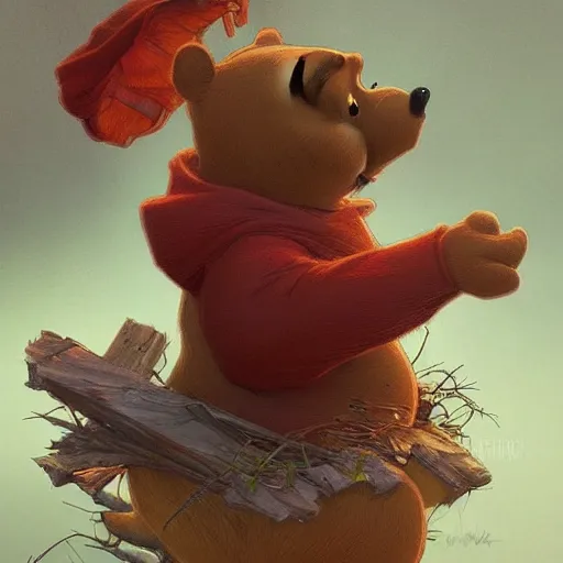 Prompt: Winnie the Pooh vomiting blood, highly detailed, digital painting, artstation, concept art, sharp focus, illustration, art by artgerm and greg rutkowski and alphonse mucha,