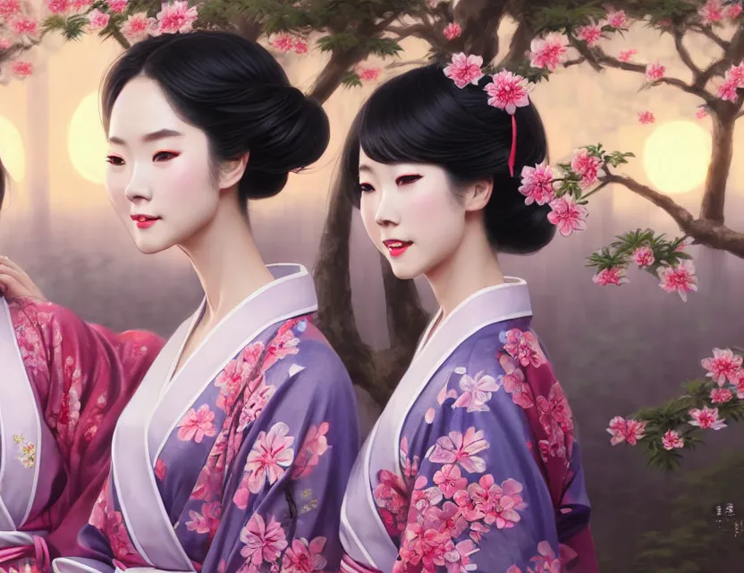 Image similar to two beautiful fashion taiwan girls wear elegant yukata in festival | | big eyes, sunny, realistic shaded, smile, good looking, fine details, 4 k realistic, cryengine, realistic shaded lighting poster by greg rutkowski, magali villeneuve, artgerm, jeremy lipkin and michael garmash and rob rey