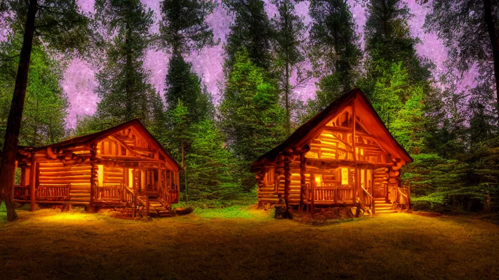 Image similar to portrait of an ethereal log cabin made of golden purple and green light, evergreen forest, divine, cyberspace, mysterious, high-contrast, 4k, award-winning photograph