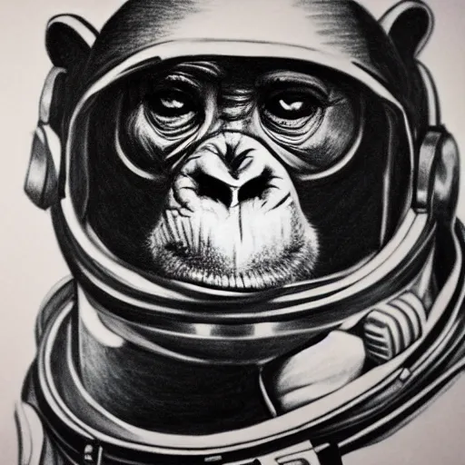 Image similar to pencil art, realistic self portrait, astronaut with a chimpanzee.