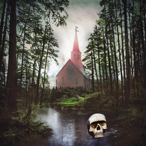 Image similar to a photo of a dream world, forest, river, skull, church