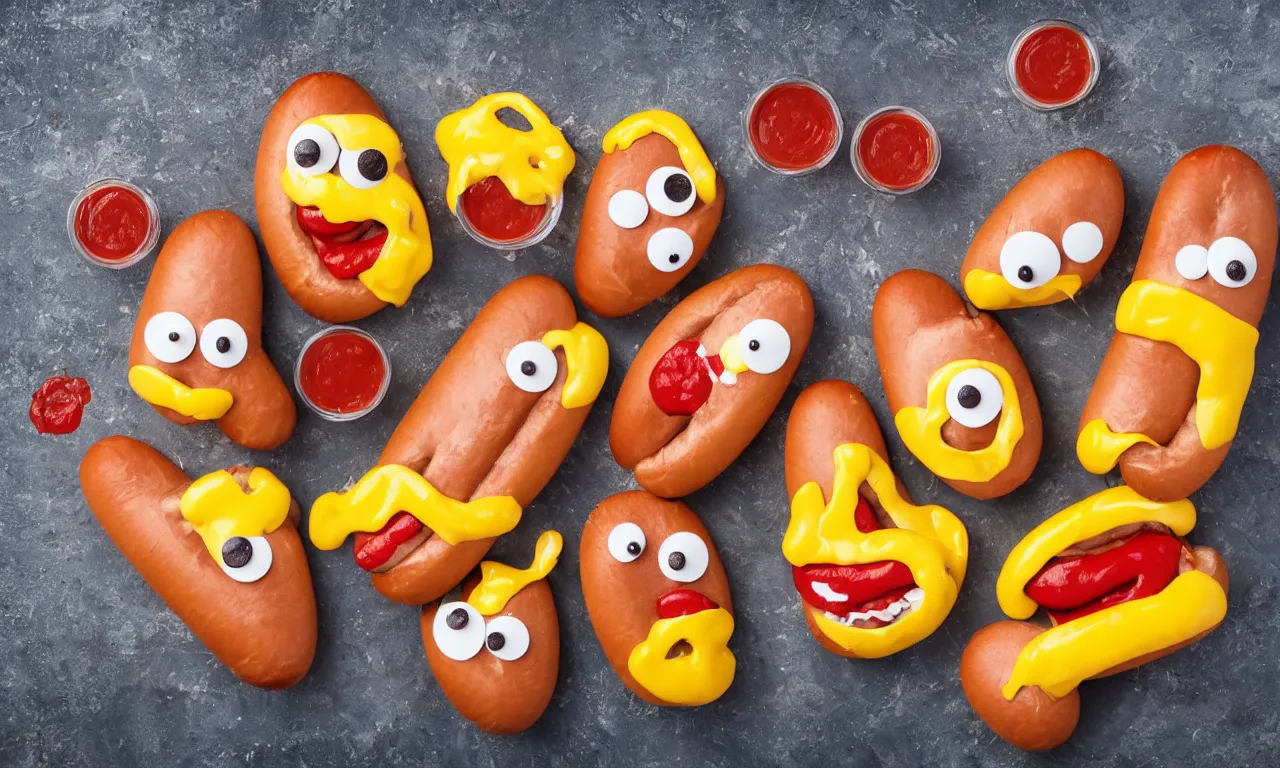 Image similar to happy smiling hotdogs with googly eyes having fun, dripping with ketchup and mustard and cheese, photorealistic