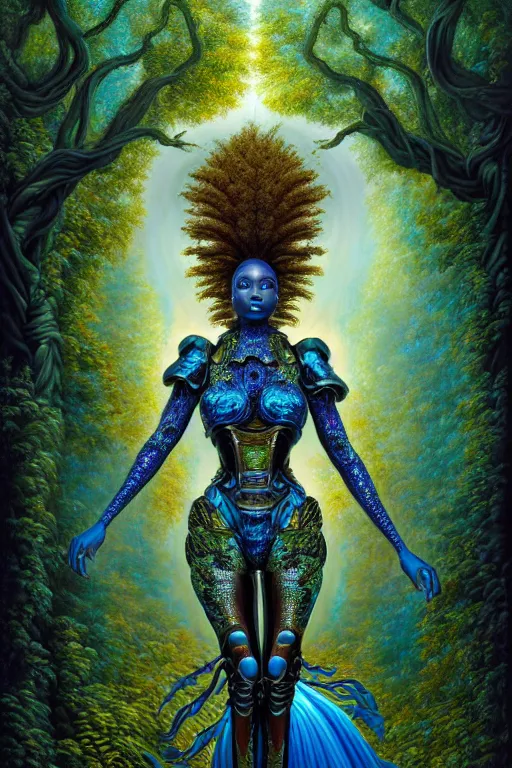 Image similar to hyperrealistic post - rococo super gorgeous! black woman with exoskeleton armor, merging with tree in a forest, highly detailed digital art masterpiece smooth cam de leon hannah yata dramatic pearlescent blue teal light ground angle hd 8 k sharp focus