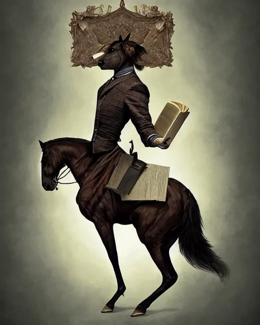 Image similar to anthropomorphic art of a detective horse standing on two legs like human, victorian inspired clothing by artgerm, victo ngai, ryohei hase, artstation. fractal papersand books. highly detailed digital painting, smooth, global illumination, fantasy art by greg rutkowsky, karl spitzweg