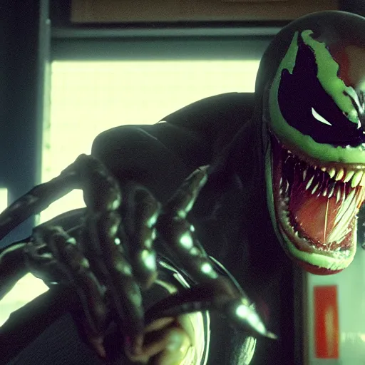 Image similar to a 4 k cinematic still portrait of venom breaking into the office from a gritty cyberpunk 2 0 0 0 s james cameron movie about spider - man. realism, cinematic lighting, 4 k. 8 mm. grainy. panavision.