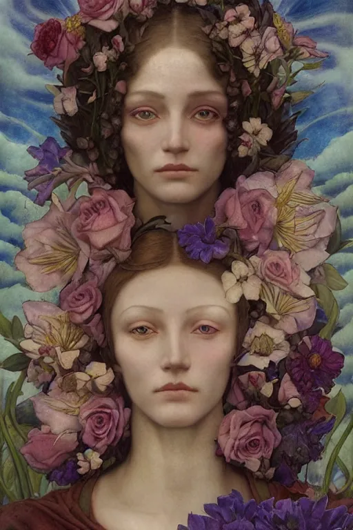 Prompt: flower maiden, by annie swynnerton and tino rodriguez and charlie bowater and tom bagshaw and nicholas roerich and jean delville and evelyn de morgan and lucien freud, dramatic lighting, floral tattoos, rich colors, smooth sharp focus, anime key visual, extremely detailed, adolf wolfli
