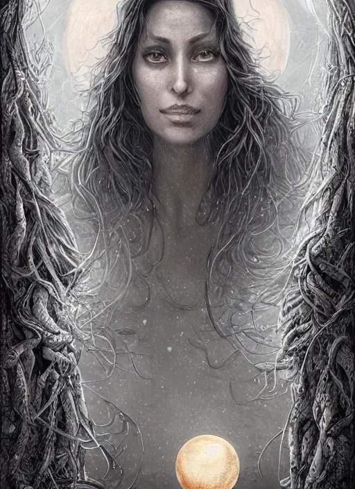 Image similar to golden moon at background, creative!!! composition for a book cover, absurdly beautiful, ultrafine hyperrealistic detailed old witch face by wlop and artgerm and greg rutkowski, intricate linework, sharp focus, smooth, octopath traveler, final fantasy, unreal engine, dramatic lighting, ethereal, 8 k