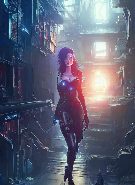 Image similar to highly detailed christina hendricks as a cyberpunk character, stephen bliss, unreal engine, fantasy art by greg rutkowski, loish, rhads, ferdinand knab, makoto shinkai and lois van baarle, ilya kuvshinov, rossdraws, tom bagshaw, global illumination, radiant light, detailed and intricate environment