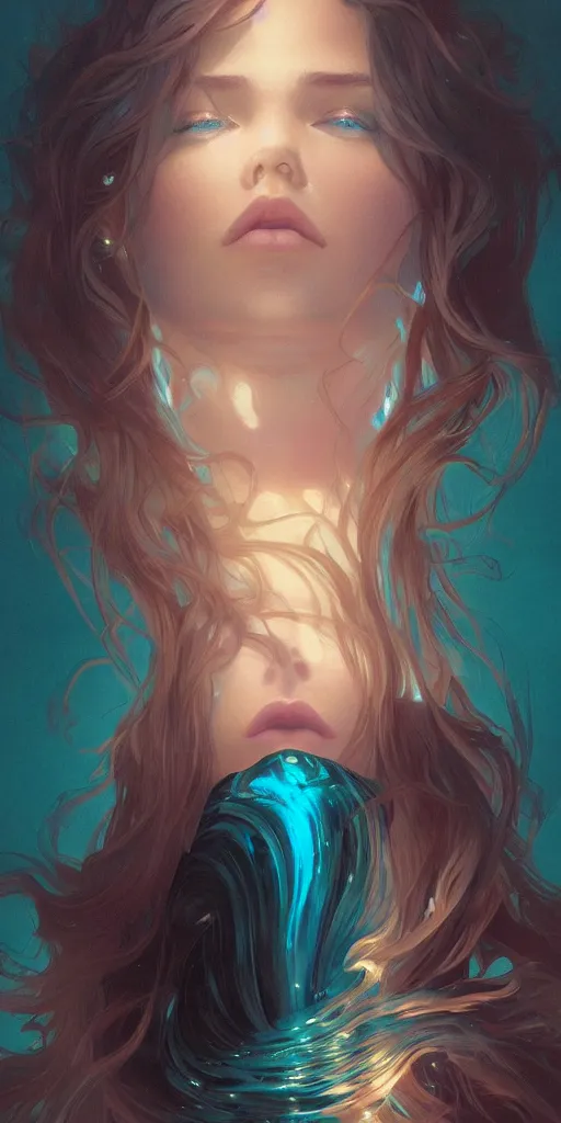 Prompt: haunting beautiful young woman, detailed photo realistic gorgeous face turning waves, dark, ominous, sad eyes, glowing hue of teal, vaporwave aesthetic, synthwave , digital painting, artstation, concept art, smooth, sharp focus, illustration, art by artgerm and greg rutkowski and alphonse mucha