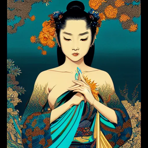 Prompt: balinese girl, digital art by hokusai and james gurney, matte painting, black canvas with intricate and vibrant aqua line work, random fractals, golden teal and gothic illustration, silver layers, exquisite detail, cinematic, artstation, unreal engine 5, 8 k