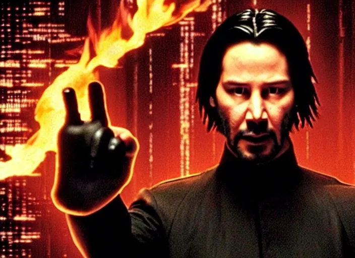 Image similar to A photo of Keanu Reeves as Neo in The Matrix movie doing a thumb up to the camera in front on burning servers, servers in flames in the background, doing a thumb up, The Matrix servers on fire, uncropped, full body, crispy, symmetrical face, ultra detailed, cinematic