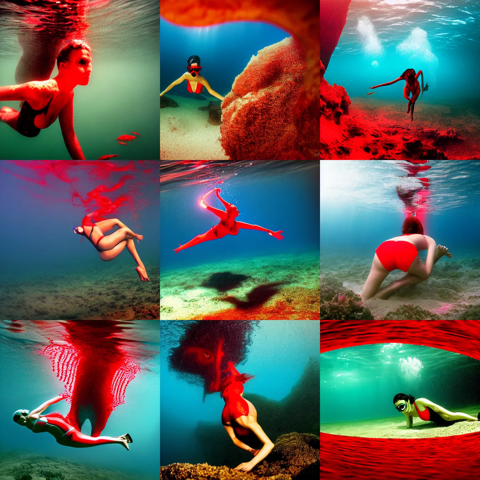 Prompt: beautiful woman in red bikini freediving over sandy sea with fins, looking into camera, lovecraftian horror Ctulhu with red glowing eyes in background, dimly lit, award-winning underwater photography, HD wallpaper, photograph by daan verhoven, in the style of ctulhu fan art