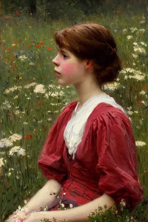 Image similar to Solomon Joseph Solomon and Richard Schmid and Jeremy Lipking victorian genre painting portrait painting of an elegant slim young cottagecore girl in an open field of flowers, red background