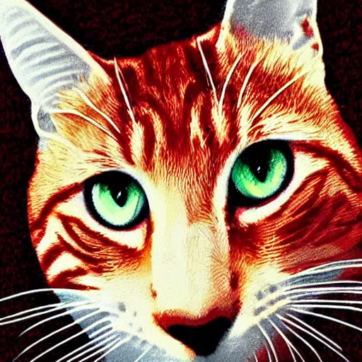 Prompt: a red tabby cat looking sly, pointillist style