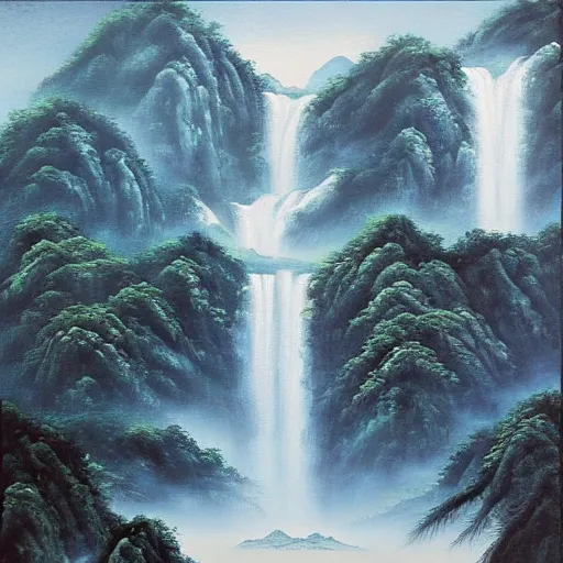 Prompt: “mystical mountains in ancient china, massive waterfall and jungle, oil painting.”